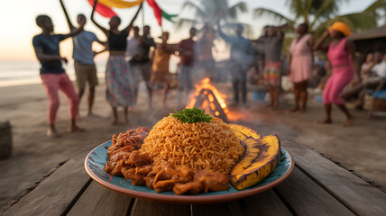 A vibrant beach celebration features a plate of jollof rice garnished with greens, chicken, and fried plantains, while people dance joyfully near a campfire at sunset.