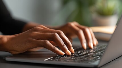 Young black female hands typing on pc keyboard. African business woman user using laptop computer working online, searching tech data in internet sitting at desk in home office. Close up view., no lo