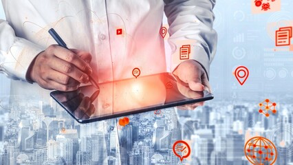 A business professional engages with a tablet, showcasing innovation and productivity amidst a bustling city backdrop, surrounded by technology icons and data visualizations. Xenic
