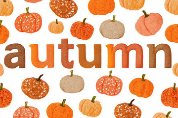Illustrated fall lettering with pumpkins. Autumn background with the inscription “fall”. Change of season, beginning of fall, fall sales.