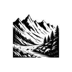 Obraz premium Black and white graphic illustration of a mountain range with a river and trees nature landscape