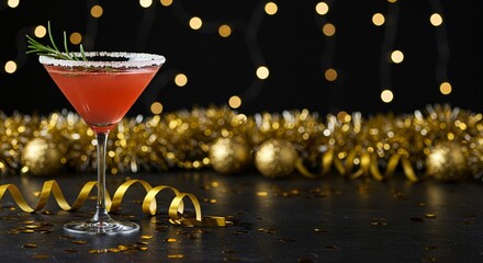 Red cocktail martini glass with sugar rim and rosemary garnish, celebration drink concept. New Year background.
