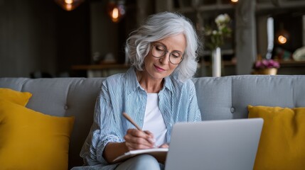 Happy stylish mature old woman remote working from home distance office on laptop taking notes. Smiling 60s middle aged business lady using computer watching webinar sit on couch writing in notebook.