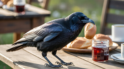 A crow with glossy black feathers perches on a wooden table, clutching a bagel while jars of jam and beverages sit nearby. Sunlight glistens on the water in the background.