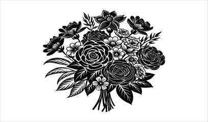 Fototapeta premium Elegant black and white floral bouquet illustration with romantic roses and leaves