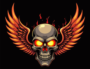 Biker vector t-shirt design with fire human skull,
wings isolated on black background.
Fashionable print for fabric, paper, men clothing,
hoodie, biker jacket. T shirt template.