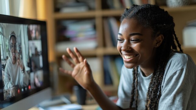 African teen high school girl college student distance learning virtual remote class, group online interactive lesson on video conference call talking with teacher on computer screen studying at home