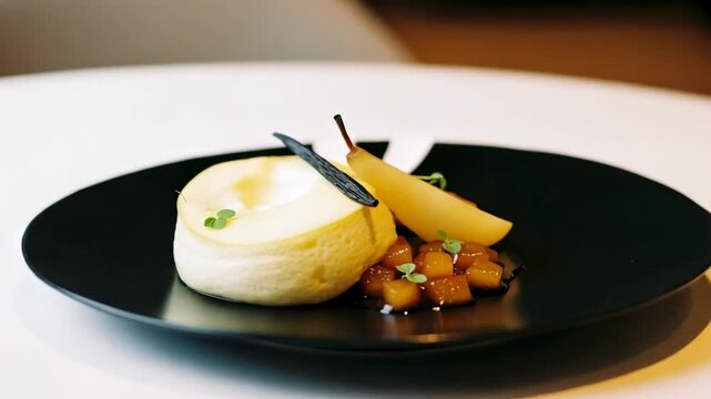 Gourmet Pear Dessert with Vanilla Mousse. An elegant and delicious poached pear with fruit compote on a modern black plate.