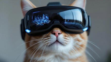 Futuristic Cat Wearing a VR Headset with a Holographic City Display