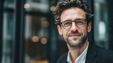 Obraz premium Portrait of young businessman wearing eyeglasses and standing outside conference room. Portrait of happy business man wearing spectacles and looking at camera with copy space. Satisfied proud man., n