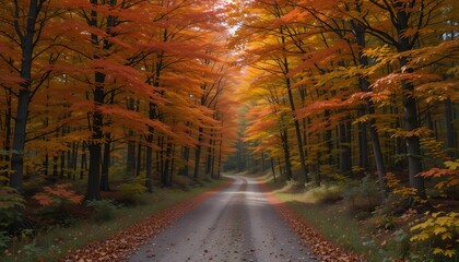 Serene Autumn Road:  Golden and Red Canopied Forest Path, Misty Fall Landscape, Peaceful Nature Scene