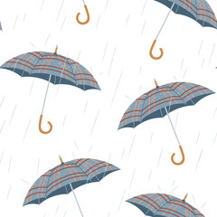 Vector repeat pattern with checkered umbrellas and falling rain. Seamless textured design with emotional autumn mood. Ideal for fabric, wrapping paper, wallpaper. Flat seasonal raining illustration