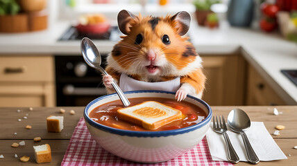A small hamster wearing an apron stands on a kitchen counter, holding a spoon while looking curiously at a bowl of soup. A slice of bread floats atop the soup in a cheerful kitchen setting.