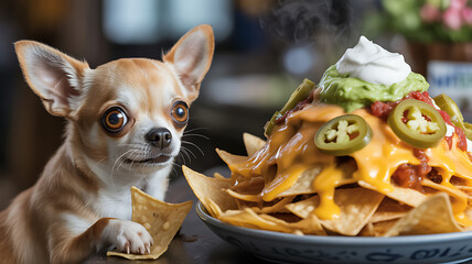 A small chihuahua with big eyes observes a colorful plate of nachos topped with cheese, guacamole, jalapenos, and sour cream. The atmosphere is lively, hinting at a party or casual gathering.