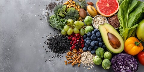 Healthy Food Clean Eating Selection with Fruits, Vegetables, Seeds, Superfoods, and Cereals on Gray Concrete Background