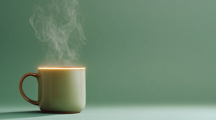 Minimalist Ceramic Coffee Mug with Rising Steam and Glowing Edge Light – Flat Lay on Soft Background