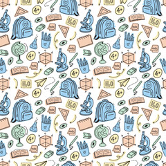 Back to school seamless vector pattern. Pattern school supplies. Vector illustration. Hand-Drawn doodle sketch, Flat design. Multicolored elements