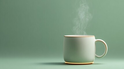 Minimalist Ceramic Coffee Mug with Rising Steam and Glowing Edge Light – Flat Lay on Soft Background