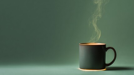 Minimalist Ceramic Coffee Mug with Rising Steam and Glowing Edge Light – Flat Lay on Soft Background