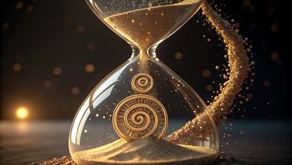 Elegant Sand Timer Showcasing Flowing Time with Golden Spiral Decoration, Illuminated Particles, and Dark Background for Timeless Concept.