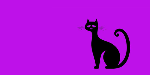 A black cat sits against a vibrant purple background. The cat has a sleek body and a curled tail, with bright eyes and a curious expression.