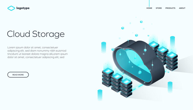 Cloud storage in isometric vector design. Computer service or application with data transfer. Online computing technology. Abstract network connection.