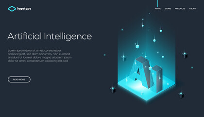 Abstract web page template with artificial intelligence or blockchain on dark background. Network infrastructure website layout concept. Isometric vector illustration.
