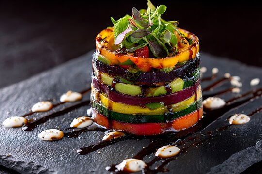 Elegant vegetable tian layered beautifully for a vibrant culinary presentation, perfect for healthy eating blogs and upscale restaurant menus