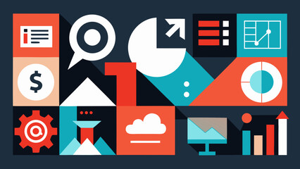 Flat design business infographic with data icons, charts, analytics symbols and geometric shapes
