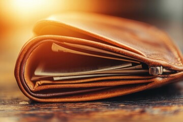 Elegant Brown Leather Wallet with Cash and Cards on Wooden Surface
