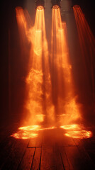 Orange Spotlights Shining Through Smoke onto Wooden Stage in Dark Theater Interior