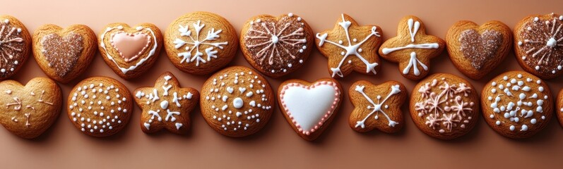 Row of cookies with icing and decorations christmas background banner