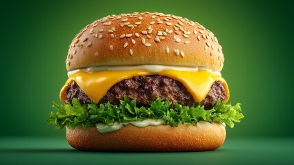 Perfect Juicy Cheeseburger with Sesame Bun Floating on Green Background – Photorealistic Studio Food Shot