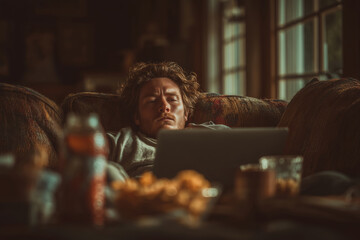 Obraz premium Man resting on couch with laptop, enjoying a cozy evening at home