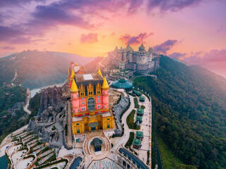 Majestic sunset over ba na hills castle and french village in Da nang. Famous landmark of Vietnam...