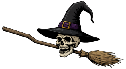 Witch Hat on Skull with Broom – Eerie Halloween Icon Fusion