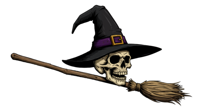 Witch Hat on Skull with Broom – Eerie Halloween Icon Fusion