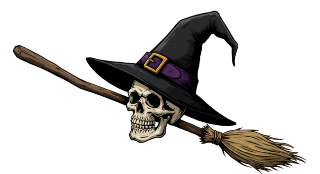 Witch Hat on Skull with Broom – Eerie Halloween Icon Fusion
