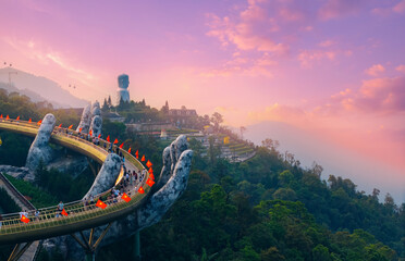 Majestic ba na hills golden bridge at sunset in Da nang Vietnam