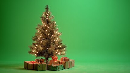 Small Decorated Christmas Tree with Fairy Lights and Gifts on Green Screen Background – Studio Holiday Shot