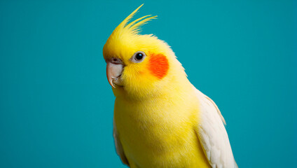 A yellow parrot with red cheeks on a bright background