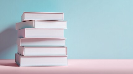Stack of White Books with Blank Spines on Pastel Background – Minimal Clean Design Template