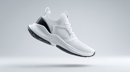 Trendy Athletic Sneaker Levitating on White Background with Shadows in High Fashion Studio Lighting
