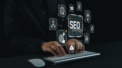 SEO concept for improving SEO visibility, with SEO related digital tools and SEO performance icons shown in an focused layout for strategic marketing. Elide