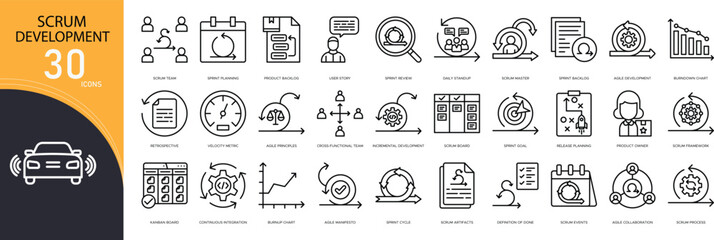 Scrum development related icon collections. Containing sprint, agile, board, planning, backlog, team, process, workflow, task, and collaboration icons. Outline icons.
