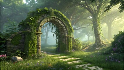 Obraz premium Mystical Forest Entrance: Stone Archway Covered in Greenery Leading to an Enchanted Grove with Sunlight Filtering Through Trees.
