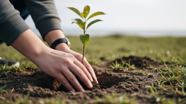 Planting a Sapling: Hands Gently Placing a Young Tree in Soil for Reforestation