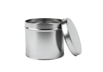 Empty, cylindrical metal tin with open lid.