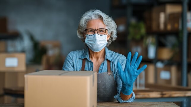 Older mature female entrepreneur small business owner stock worker wearing face mask using sanitizer cleaning hands preparing working in shipping delivery warehouse office. Covid 19 coronavirus safet - Powered by Adobe
