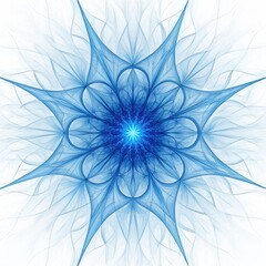 Intricate blue fractal snowflake with glowing center on a white background